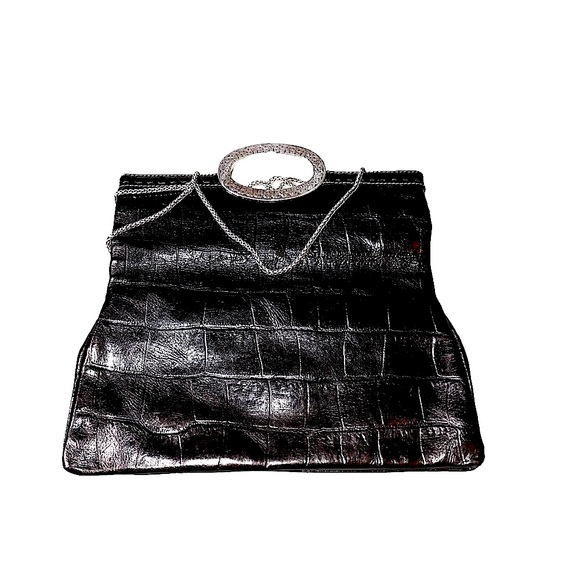 Brighton Handbags - Brighton Serendipity Leather Fold Over Clutch Bag in Black Croc Embossed Leather